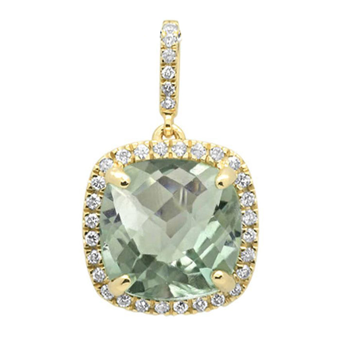 DIAMOND CLOSEOUT! 4.21ct 10k Yellow Gold Cushion Green Amethyst Diamond Pendant