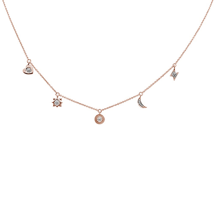 DIAMOND CLOSEOUT! .08ct 14kt Rose Gold Diamond Moon Star Heart Charm Pendant Necklace 16"+2"