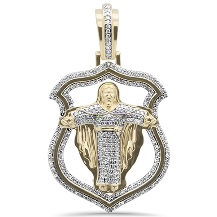 DIAMOND CLOSEOUT! 1.35CT G SI 10K Yellow Gold Diamond Micro Pave Badge Jesus on Cross Charm Pendant