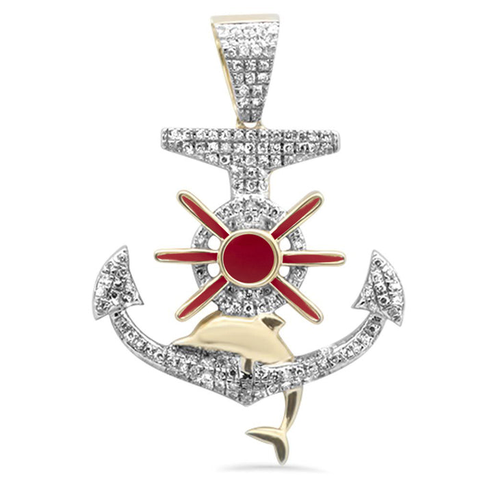 DIAMOND CLOSEOUT! .33ct G SI 10K Yellow Gold Diamond & Red Enamel Anchor Hip Hop Pendant
