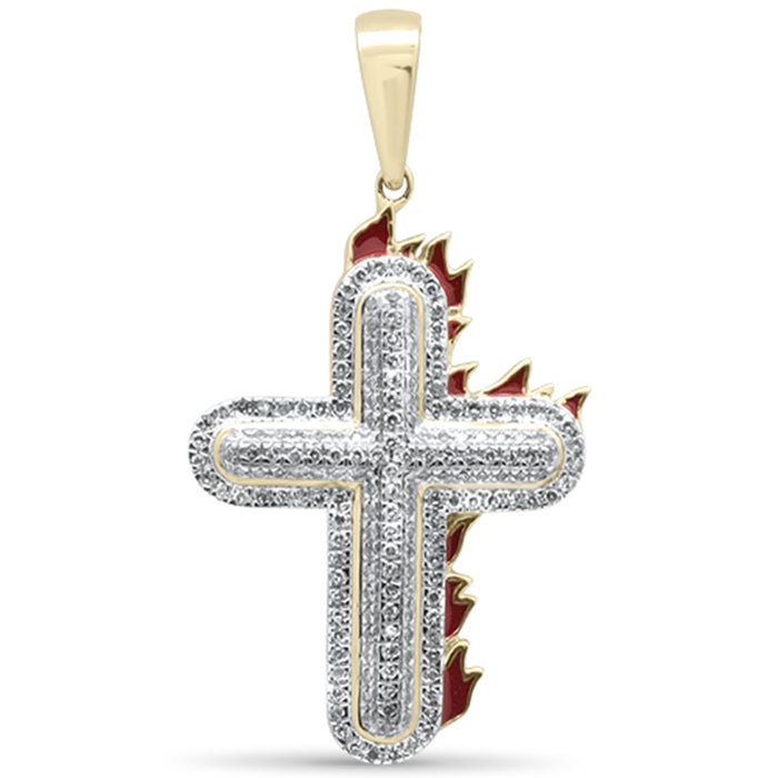 DIAMOND CLOSEOUT! .51CT G SI 10K Yellow Gold Diamond Iced Out Cross on Fire Charm Pendant