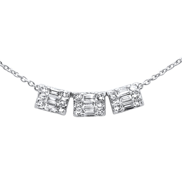 DIAMOND CLOSEOUT! .55ct G SI 14K White Gold Round & Baguette Diamond Three Stone Emerald Shape Pendant Necklace 16"+2" ext chain