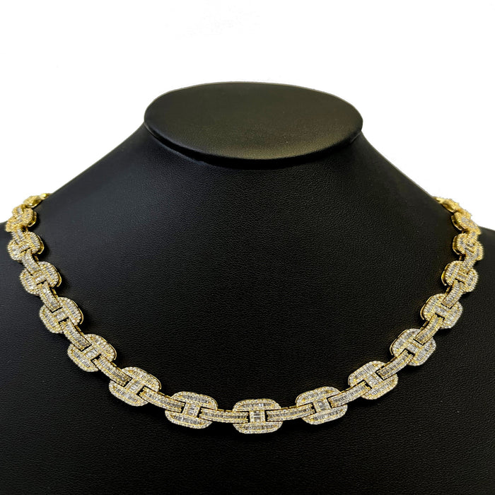 DIAMOND CLOSEOUT! 11mm 17.95ct G SI 14K Yellow Gold Iced Out Diamond Round & Baguette Necklace 22"