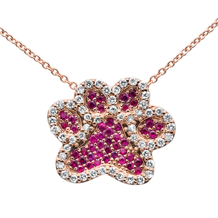 GEMSTONE CLOSEOUT! .53ct G SI 14K Rose Gold Diamond Ruby Gemstones & Diamonds Dog Paw Pendant Necklace 18"