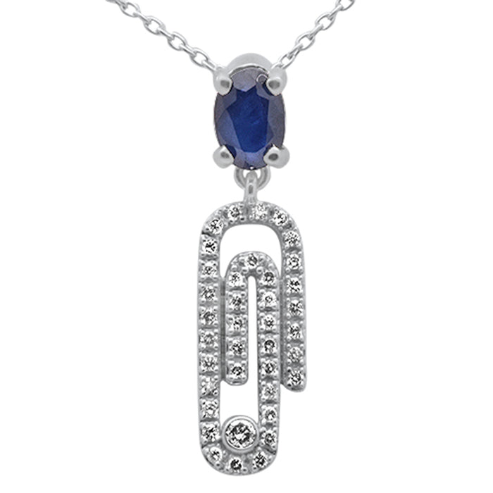 GEMSTONE CLOSEOUT! .82ct G SI 14K White Gold Oval Blue Sapphire Gemstone & Diamond Paperclip Pendant Necklace 18"