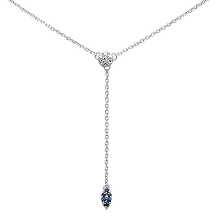 DIAMOND CLOSEOUT! .13ct G SI 14K White Gold Diamond & Blue Sapphire Drop Lariat Pendant Necklace 18" Long
