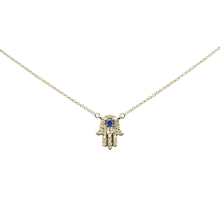 SPECIAL! .31ct G SI 14K Yellow Gold Diamond & Blue Sapphire Hamsa Pendant Necklace 18" Long Chain