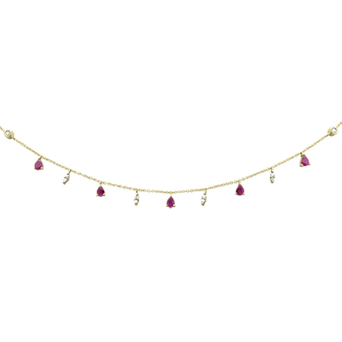 DIAMOND CLOSEOUT! 1.06ct G SI 14K Yellow Gold Diamond & Ruby Gemstone Dangling Pendant Necklace 16+2"Ext Long Chain