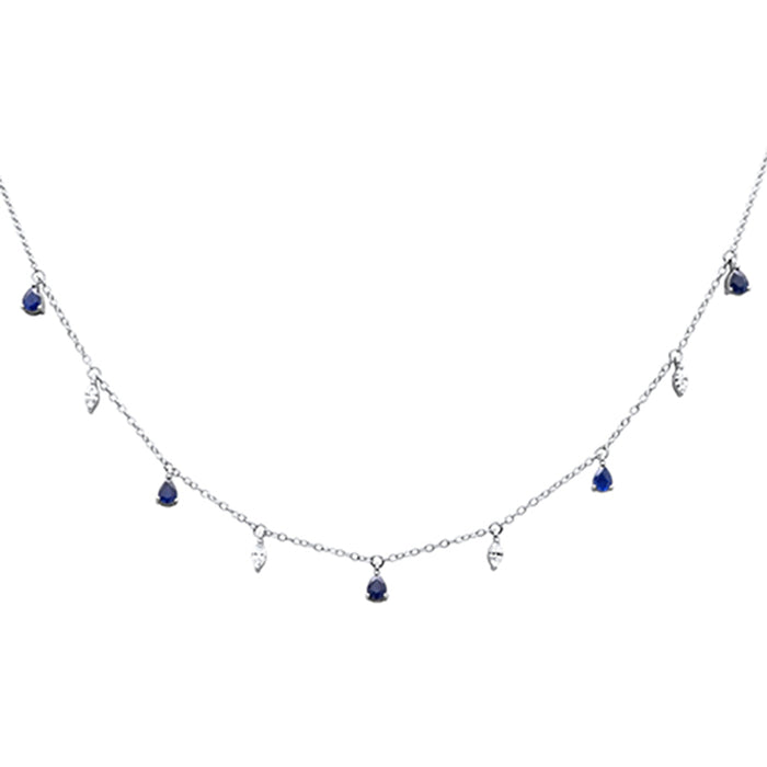SPECIAL! 1.36ct G SI 14K White Gold Diamond & Blue Sapphire Gemstone Dangling Pendant Necklace 16" + 2" EXT