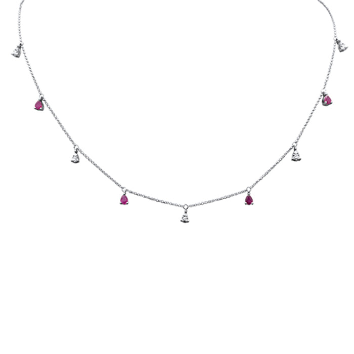 SPECIAL!1.06ct G SI 14K White Gold Diamond & Ruby Gemstones Pendant Necklace 16+2" Ext Long