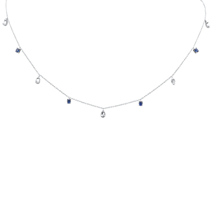 SPECIAL!1.18ct G SI 14K White Gold Diamond & Blue Sapphire Gemstone Pendant Necklace 16+2" Long