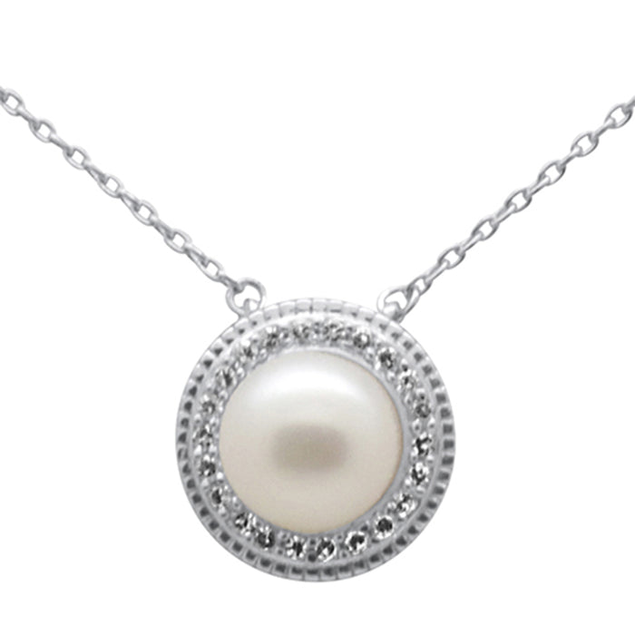 DIAMOND CLOSEOUT! .11ct G SI 14K White Gold Diamond Pearl Pendant Necklace 18" Long Chain