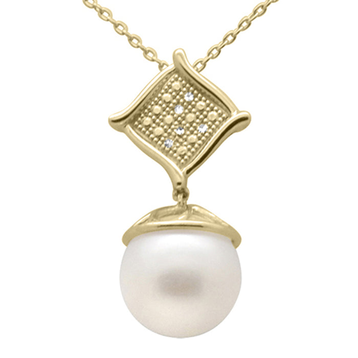DIAMOND CLOSEOUT! .03ct G SI 14K Yellow Gold Diamond Pearl Pendant Necklace 18" Long Chain