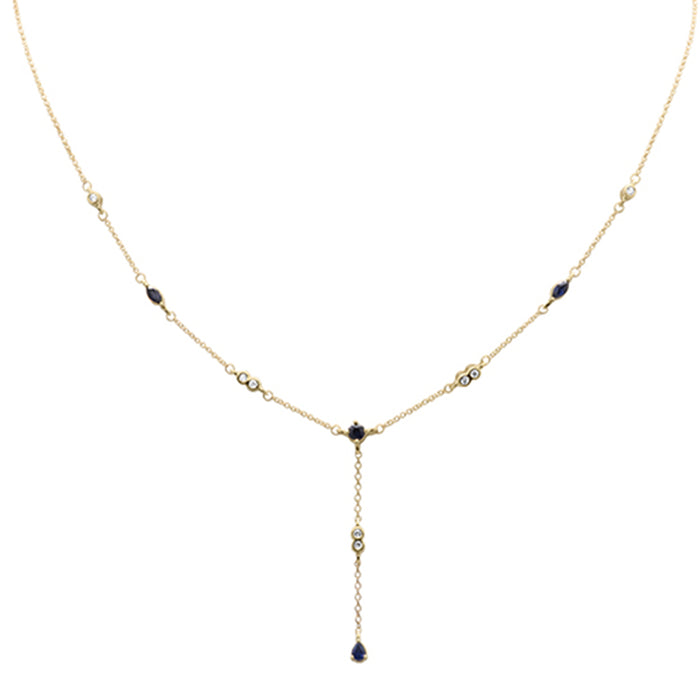 GEMSTONE CLOSEOUT! .91ct G SI 14K Yellow Gold Diamond & Blue Sapphire Gemstone Drop Pendant Necklace 16" + 2" EXT