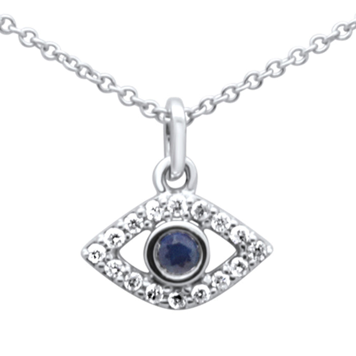 SPECIAL! .19ct G SI 14K White Gold Diamond & Blue Sapphire Gemstone Evil Eye Pendant Necklace 16" + 2" EXT