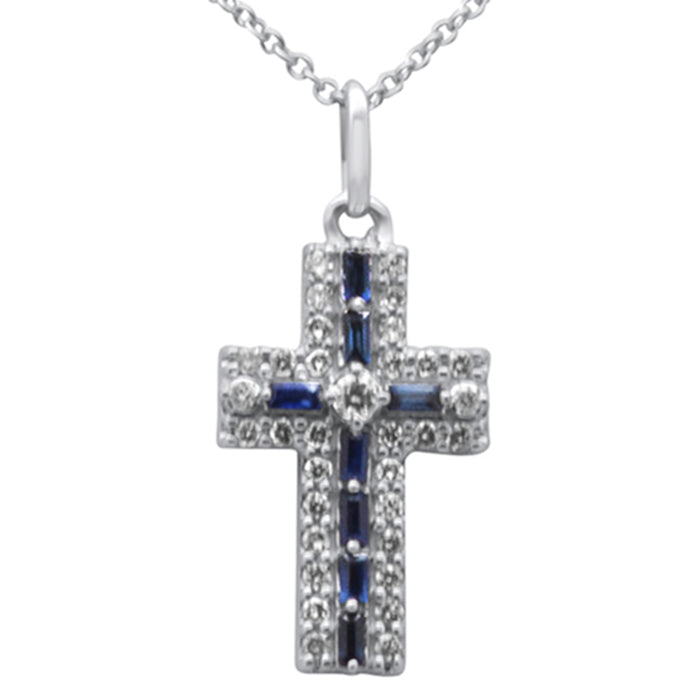 SPECIAL! .40ct G SI 14K White Gold Diamond & Blue Sapphire Gemstone Cross Pendant Necklace 16" + 2" Ext.
