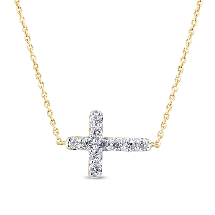 SPECIAL! .19ct G SI 14K Yellow Gold Diamond Sideways Cross Pendant Necklace 16" + 2" Ext.