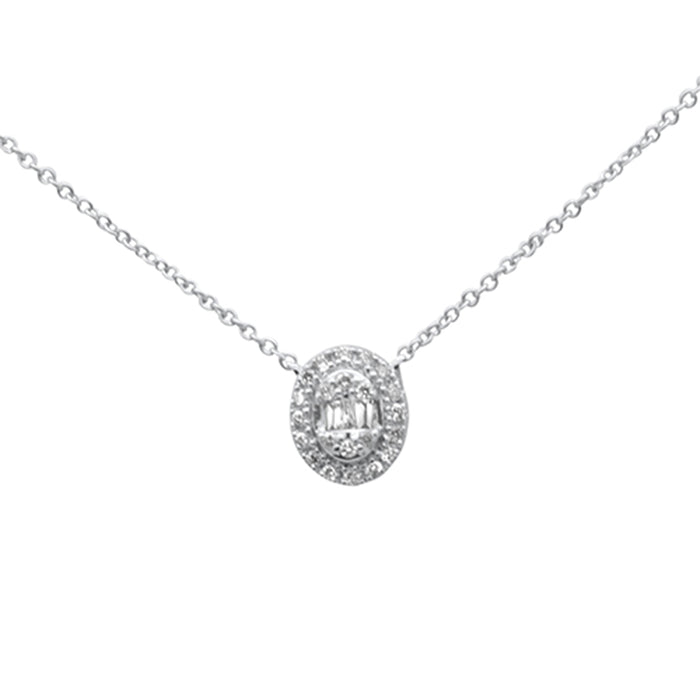 DIAMOND CLOSEOUT! .16ct G SI 14K White Gold Diamond Round & Baguette Oval Shape Pendant Necklace 16" + 2" Ext