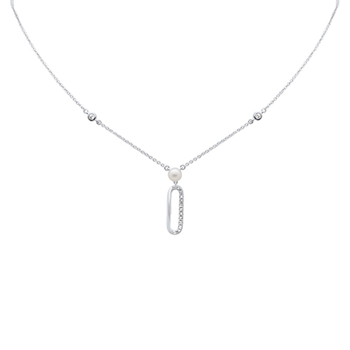 DIAMOND CLOSEOUT! .08ct G SI 14K White Gold Diamond Paperclip & Pearl Pendant Necklace 16" + 2" EXT