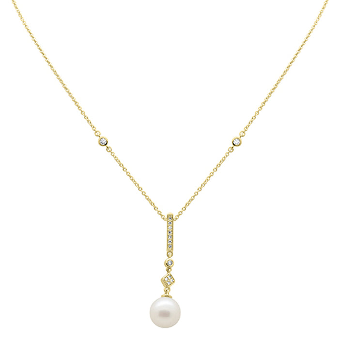 SPECIAL!.09ct G SI 14K Yellow Gold Diamond Pearl Drop Pendant Necklace 16" + 2" EXT