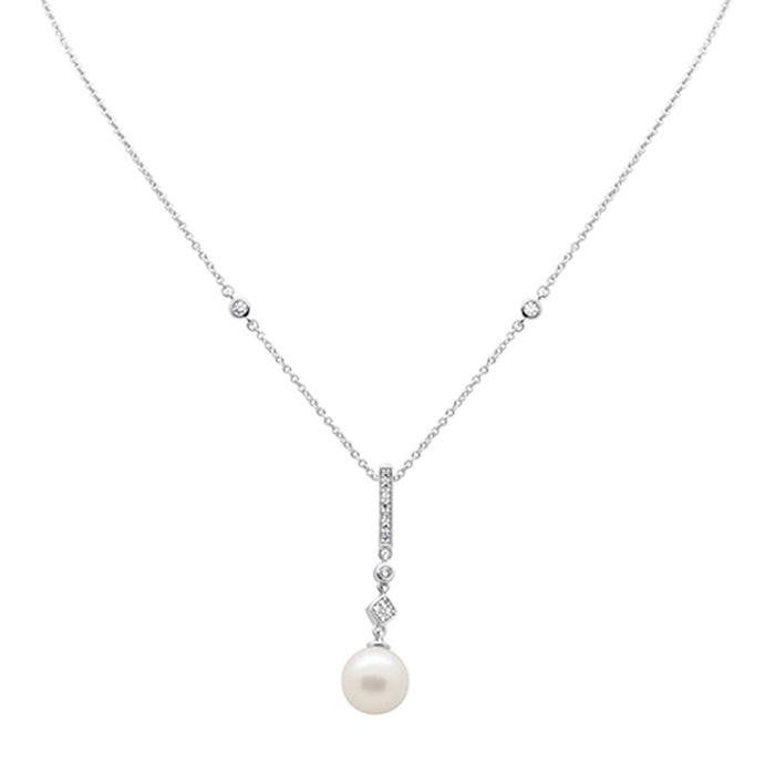 DIAMOND CLOSEOUT! .10ct G SI 14K White Gold Diamond Pearl Drop Pendant Necklace 16" + 2" EXT