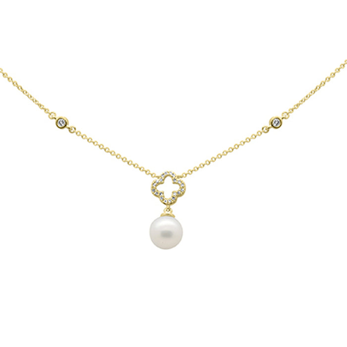 SPECIAL! .11ct G SI 14K Yellow Gold Diamond Flower & Pearl Pendant Necklace 16" + 2" EXT