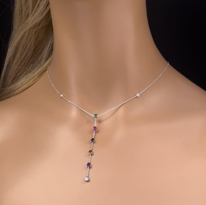 GEMSTONE CLOSEOUT! 1.07ct G SI 14K White Gold Diamond & Multi Color Drop Lariat Necklace 16+2" Ext