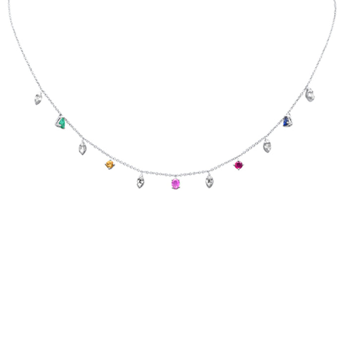 GEMSTONE CLOSEOUT! 1.12ct G SI 14K White Gold Diamond & Multi Color Gemstone Necklace 16+2" Ext