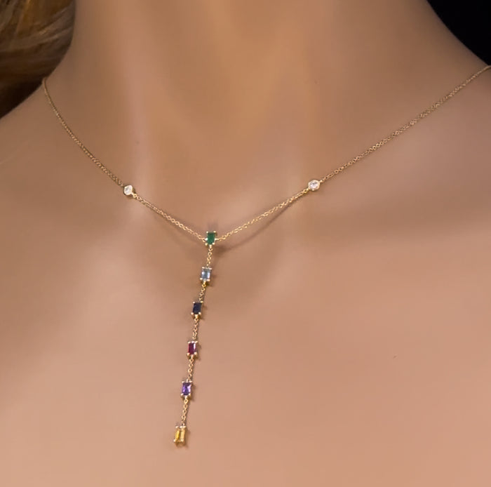 GEMSTONE CLOSEOUT! .72ct G SI 14K Yellow Gold Diamond & Multi Color Gemstone Drop Necklace 16+2" Ext