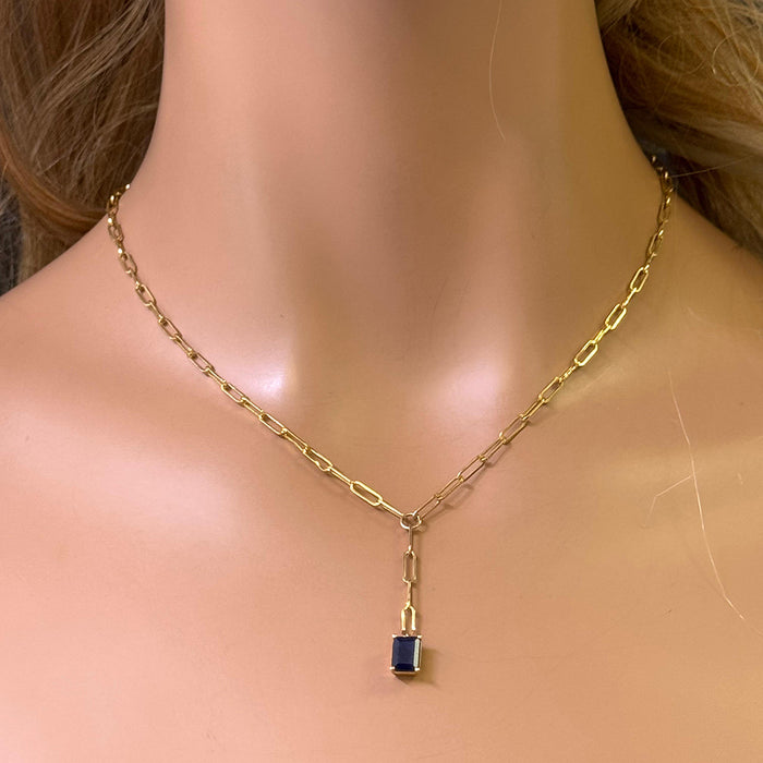 DIAMOND CLOSEOUT! .91ct G SI 14K Yellow Gold Natural Blue Sapphire Gemstone Paperclip Necklace 14 + 2" Ext