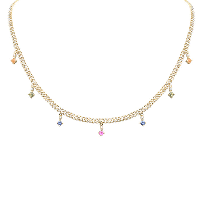 SPECIAL! 2.24ct G SI 14K Yellow Gold Diamond & Multi Color Gemstone Cuban Chain Necklace 12+4" Ext