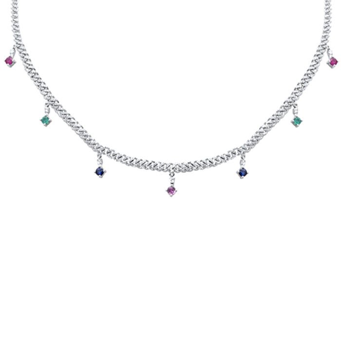 SPECIAL! 2.03ct G SI 14K White Gold Diamond & Multi Color Gemstone Cuban Link Necklace 12" + 4" EXT