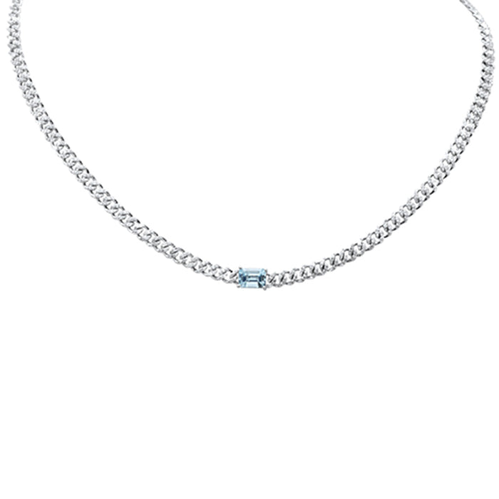 SPECIAL! 1.53ct G SI 14K White Gold Aquamarine Gemstone & Diamond Cuban Necklace 13+3" Long