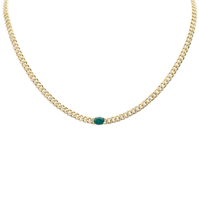SPECIAL! 2.17ct G SI 14K Yellow Gold Oval Shaped Emerald Gemstone & Diamond Cuban Necklace 13+3" Long