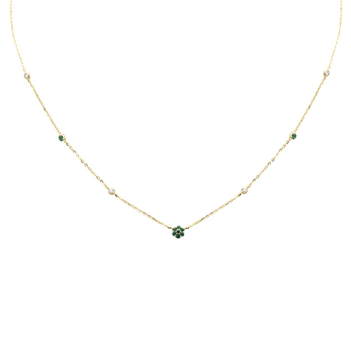 SPECIAL! .29ct G SI 14K Yellow Gold Diamond & Emerald Gemstone Flower Pendant Necklace 16+2" Long