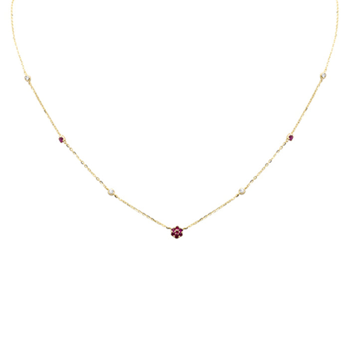 SPECIAL!.35ct G SI 14K Yellow Gold Diamond & Ruby Gemstone Flower Pendant Necklace 16+2" Long