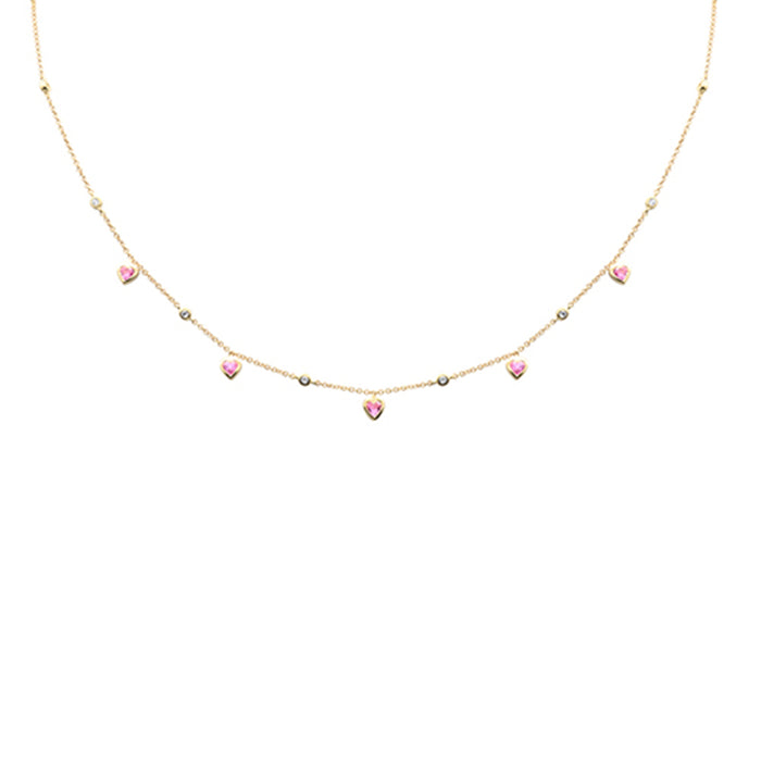 SPECIAL! .84ct G SI 14K Yellow Gold Round Diamond & Pink Sapphire Hearts Necklace 16 + 2" Ext