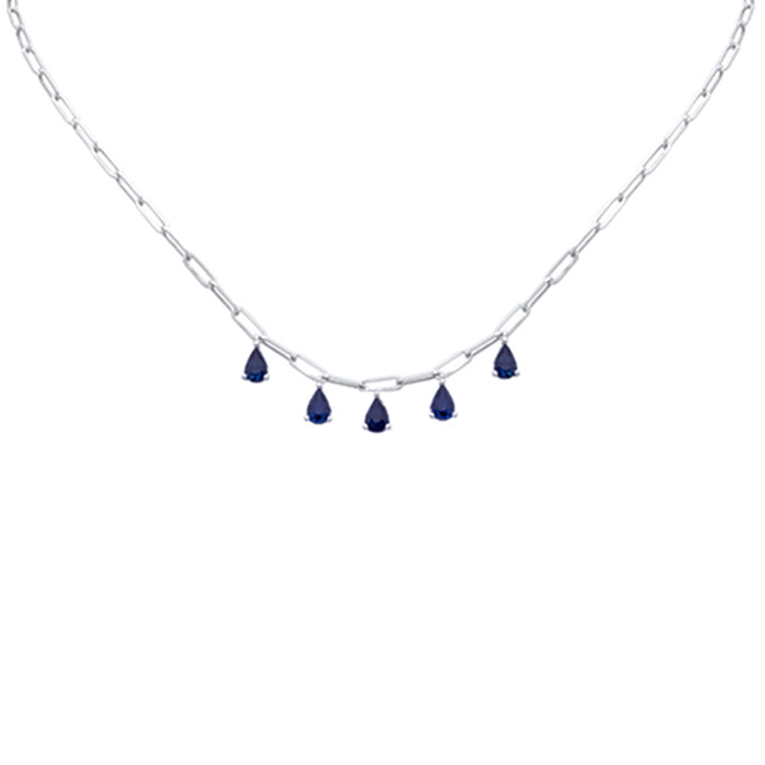 DIAMOND CLOSEOUT! 2.60ct G SI 14K White Gold Pear Drop Blue Sapphire Gemstone Paperclip Necklace 14+2" Long