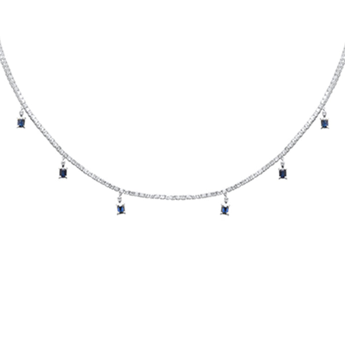 SPECIAL! 5.34ct G SI 14K White Gold Diamond & Blue Sapphire Gemstone Tennis Necklace 13" + 6" EXT