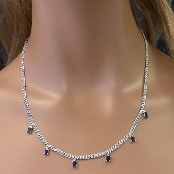 DIAMOND CLOSEOUT! 2.82ct G SI 14K White Gold Diamond & Blue Sapphire Cuban Link Necklace 13" + 6" EXT
