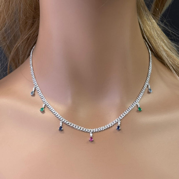 DIAMOND CLOSEOUT! 2.52ct G SI 14K White Gold Diamond & Multi Color Gemstone Cuban Link Necklace 12" + 2" EXT