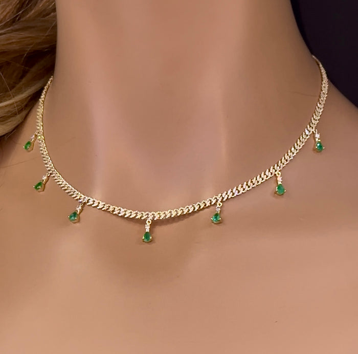 DIAMOND CLOSEOUT! 2.22ct G SI 14K Yellow Gold Diamond & Emerald 3MM Cuban Link Necklace 12" + 4" EXT