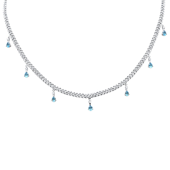 SPECIAL! 2.77ct G SI 14K White Gold Diamond & Aquamarine Cuban Link Necklace 14" + 2" EXT