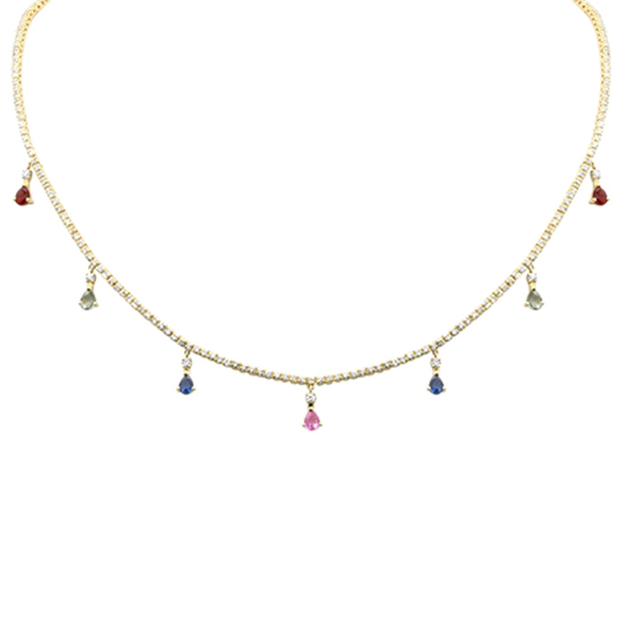 SPECIAL! 3.56ct G SI 14K Yellow Gold Diamond & Multi Color Gemstone Tennis Necklace 14" + 2" Long