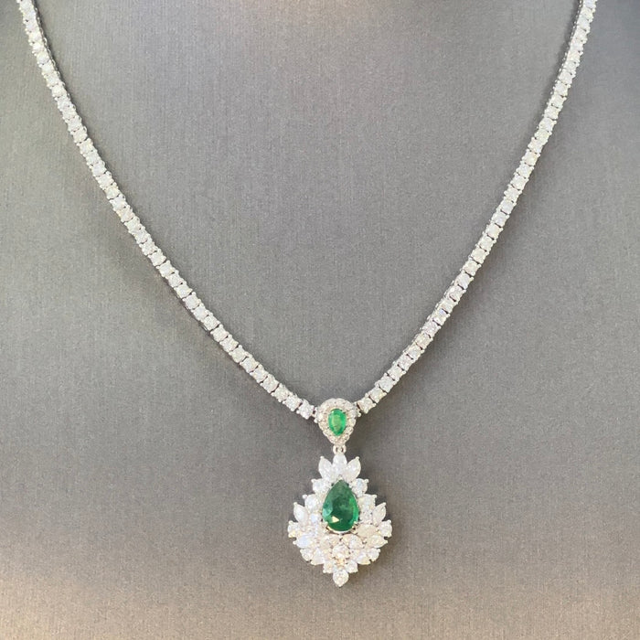 SPECIAL! 2.55ct G SI 14K White Gold Diamond & 2 Emerald Gemstones Pendant (DPD-6065-1) & 5.76ct G SI 14K White Gold Adjustable Tennis Necklace 14"+2" Long (DPD-5354-2)