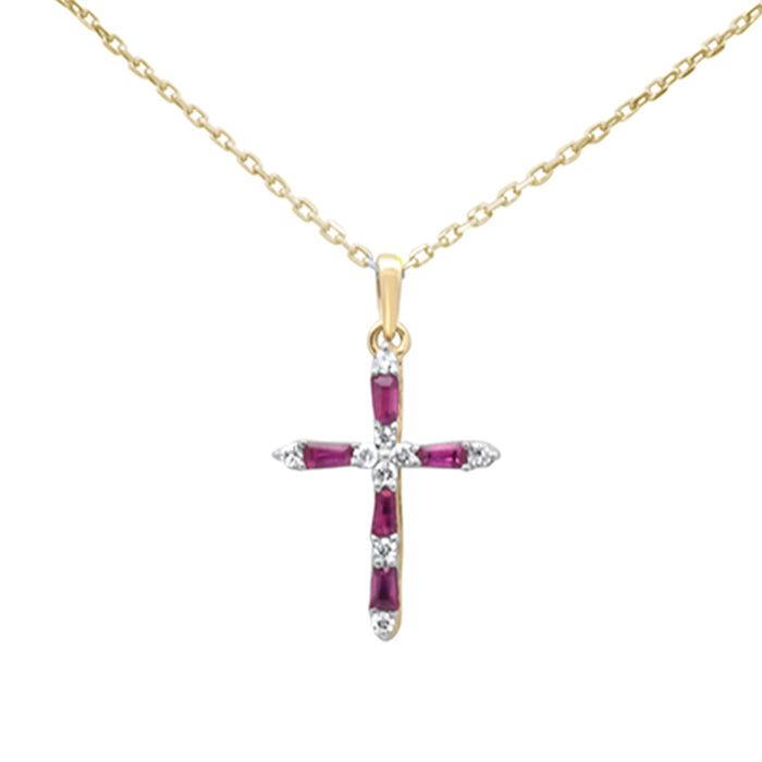 SPECIAL! .30ct G SI 14K Yellow Gold Diamond & Ruby Gemstone Pendant Cross Necklace 18" Long