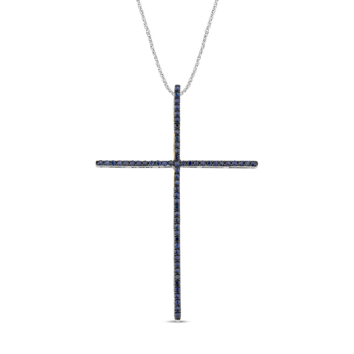 SPECIAL! .43ct G SI 14K White Gold Blue Sapphire Gemstones Cross Pendant Necklace 18" Long Chain