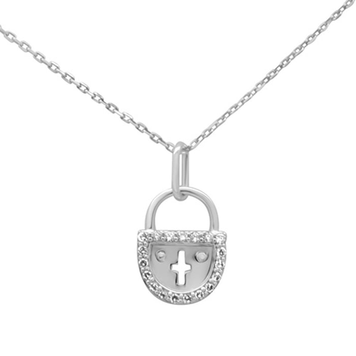 .15ct G SI 14K White Gold Diamond Lock Pendant Necklace 18" Long Chain