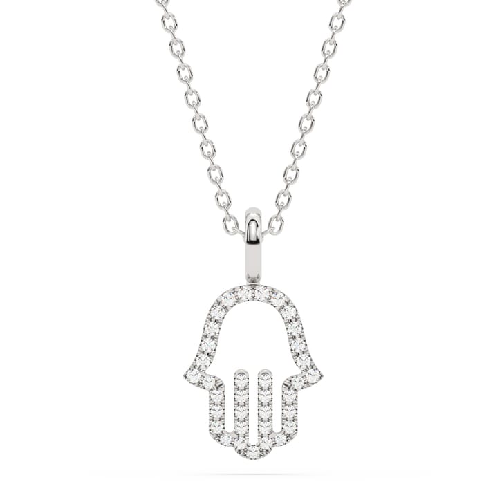 .20ct G SI 14K White Gold Diamond Hand of Hamsa Pendant Necklace 18" Long Chain
