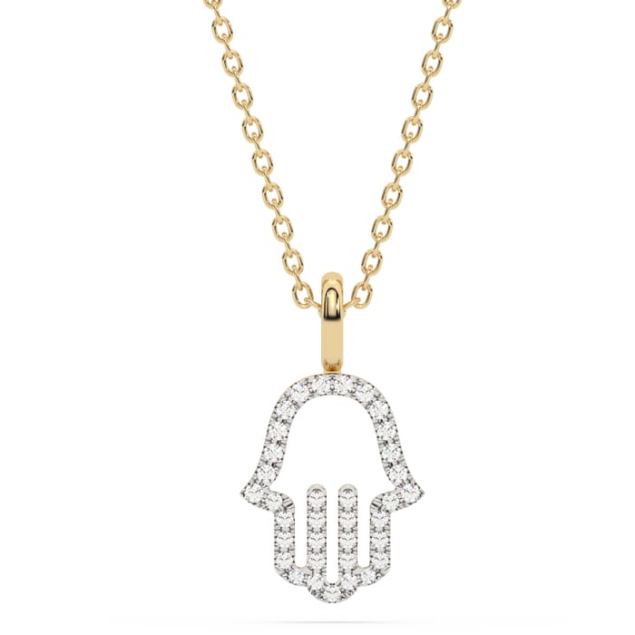 .10ct G SI 14K Yellow Gold Petite Diamond Hamsa Pendant Necklace 18" Long Chain